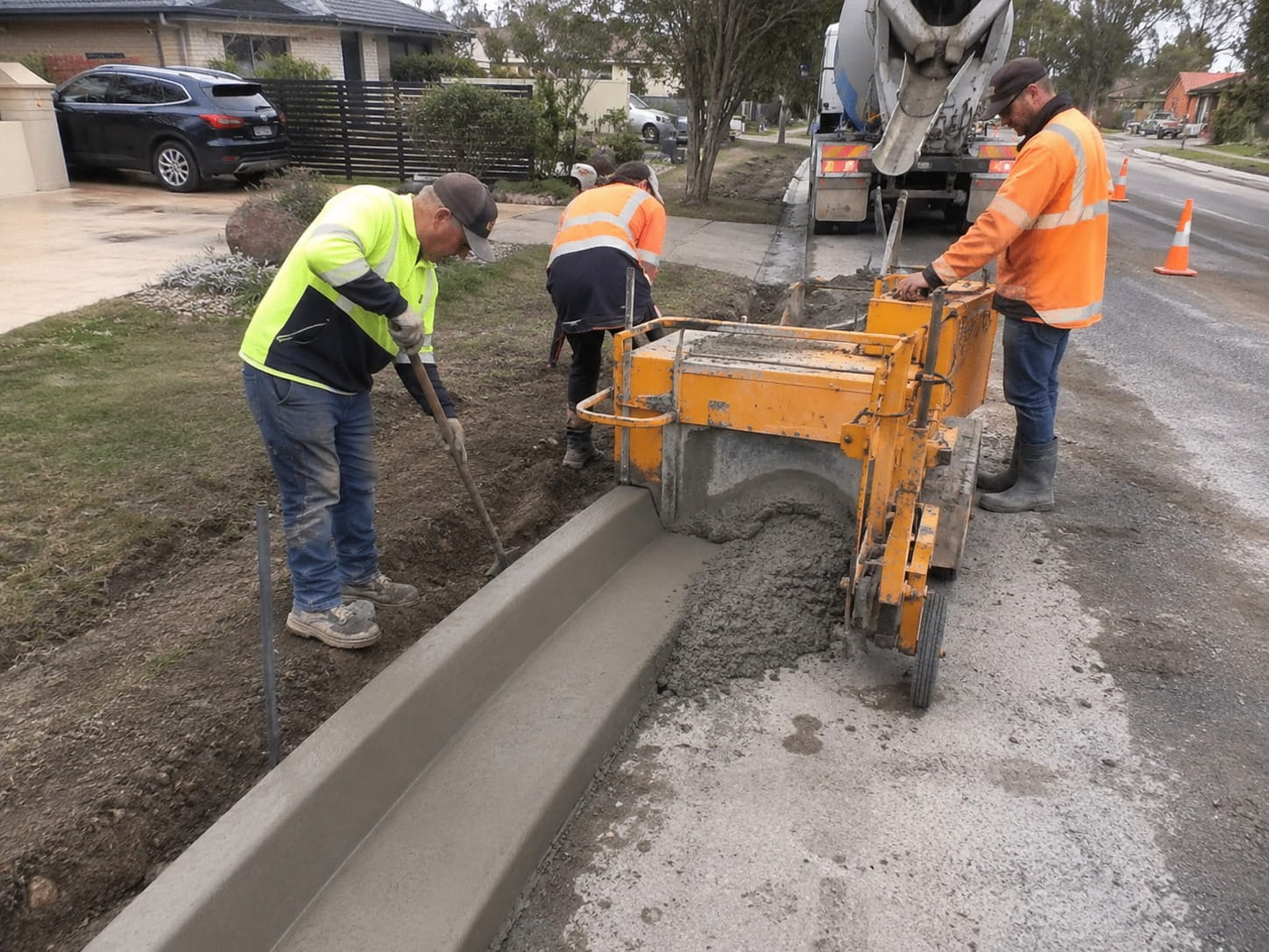 Concrete kerbing machine extruding a new kerb and channel along a Perth road